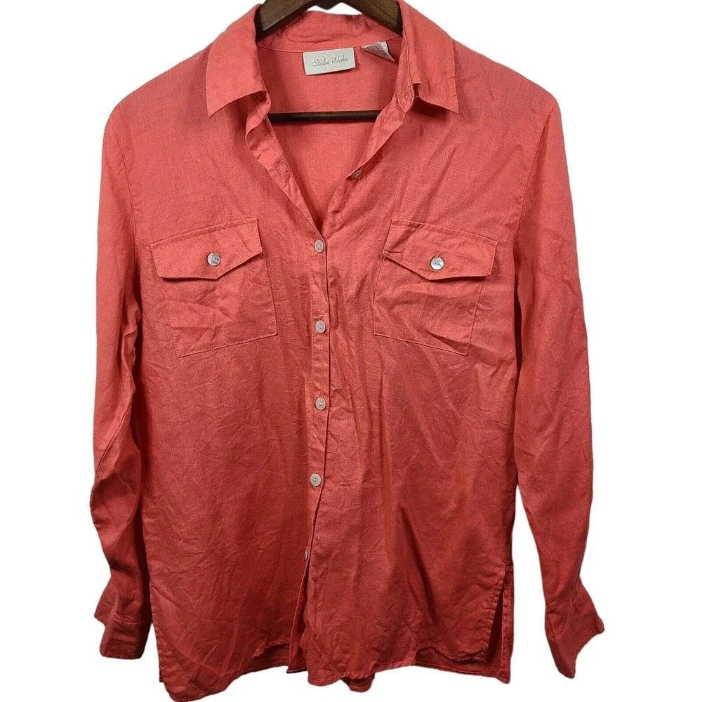 Studio Works Vintage Linen Button Front Shirt Womens Small - Picture 1 of 7